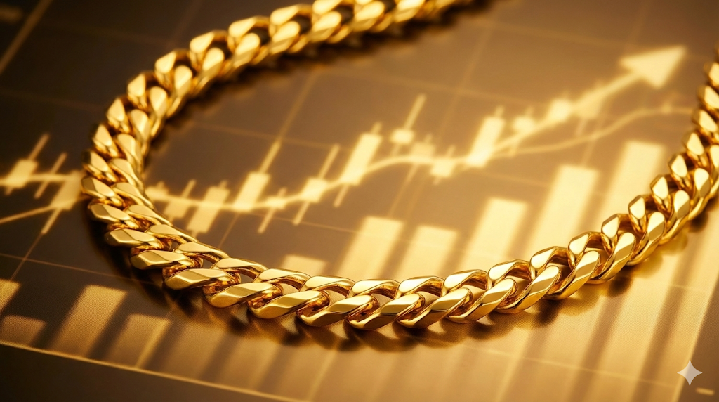 金価格上昇を示すグラフと札束の背景に置かれた、輝く18金喜平ネックレス（10g）