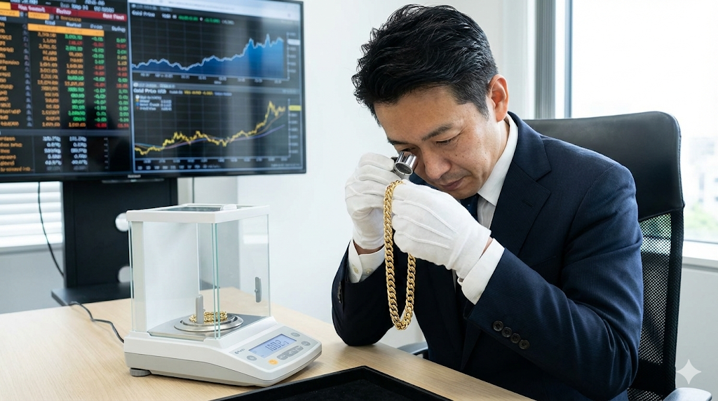 専門の鑑定士がルーペと電子天秤を使って金のネックレスを慎重に査定している様子。背景には金融市場のモニターがある
