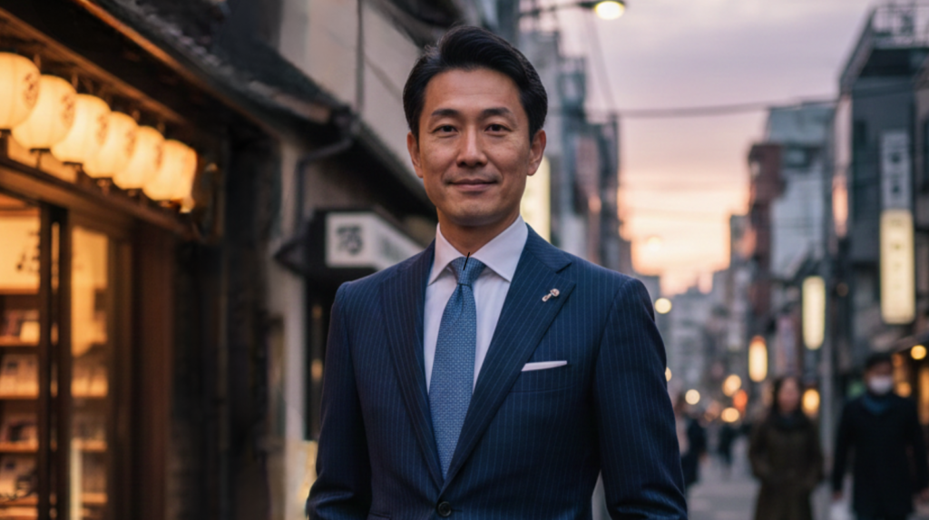 夕暮れ時の花菱店舗前で、仕立てたネイビーのストライプスーツを着て自信に満ちた表情で立つ40代の日本人男性。