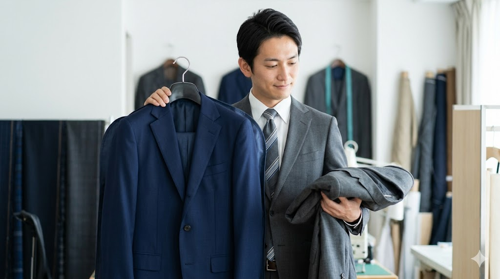 花菱の店舗で、日本人フィッターが、新しいネイビースーツと、持ち込まれた古いグレースーツを比較し、割引額の違いを視覚的に説明している。