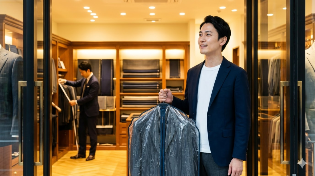 花菱の店舗前で、古いスーツを持ち込み、新しいオーダースーツの仕立てを心待ちにする日本人男性。