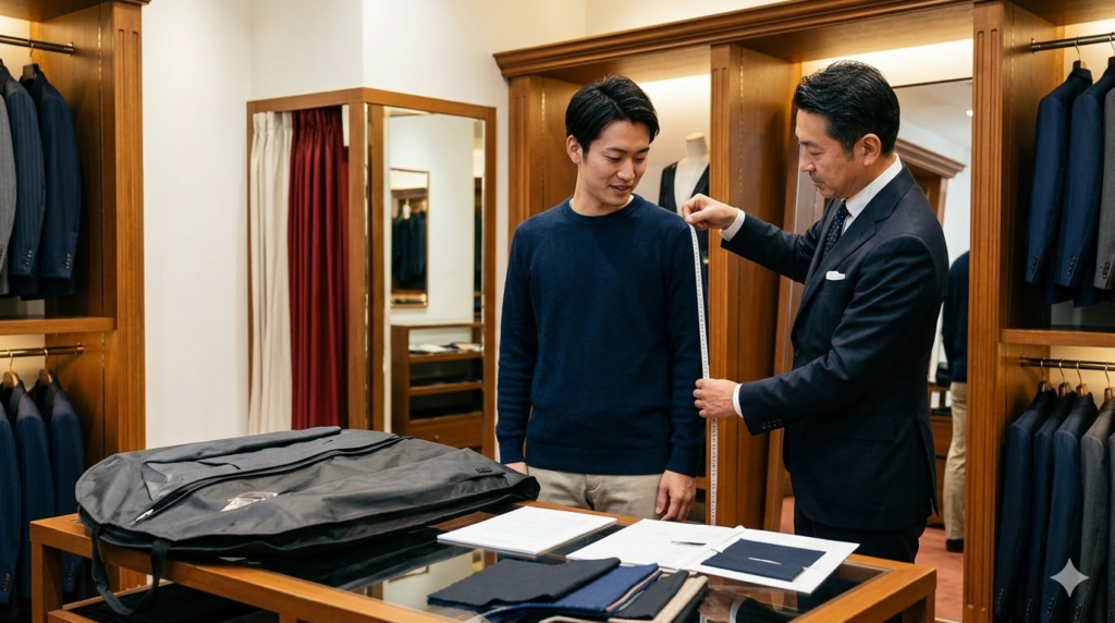 花菱の店舗で、古いスーツを持ち込み、フィッターから下取りサービスについて説明を受けながら、新しいオーダースーツの採寸を受ける日本人男性。