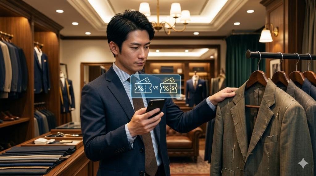 花菱の店舗で、スマートフォンで初回限定クーポンと下取りサービスの割引を比較検討し、どちらを使うか思案する日本人男性