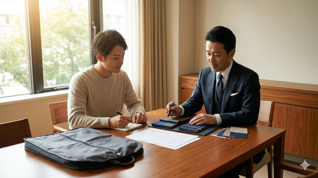 花菱の店舗で、ウェブ予約をして訪れた日本人男性が、待ち時間なくフィッターとテーブル席で落ち着いて相談している様子。