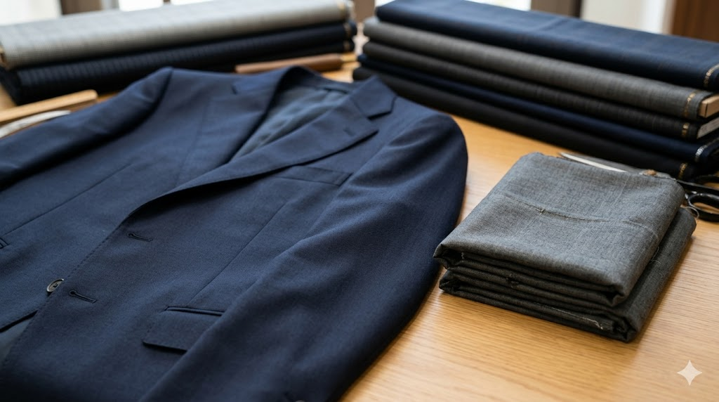 花菱の店舗で、日本人フィッターが、持ち込まれた古いスーツの生地（ウール素材）の状態を確認し、下取り基準を満たしているか判断している。