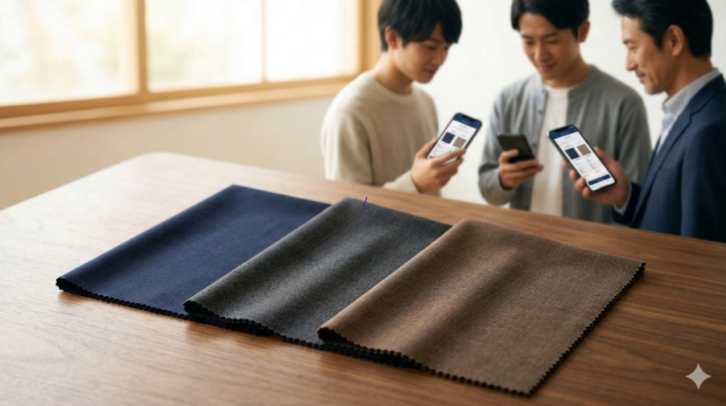 洗練された木製テーブルの上に並べられた3種類の高品質なウールスーツ生地見本（ネイビー、チャコールグレー、ブラウン）。背景には、スマートフォンで比較情報を確認する、異なる世代の日本人男性3人組が写り込んでおり、コスパの良さを象徴している。
