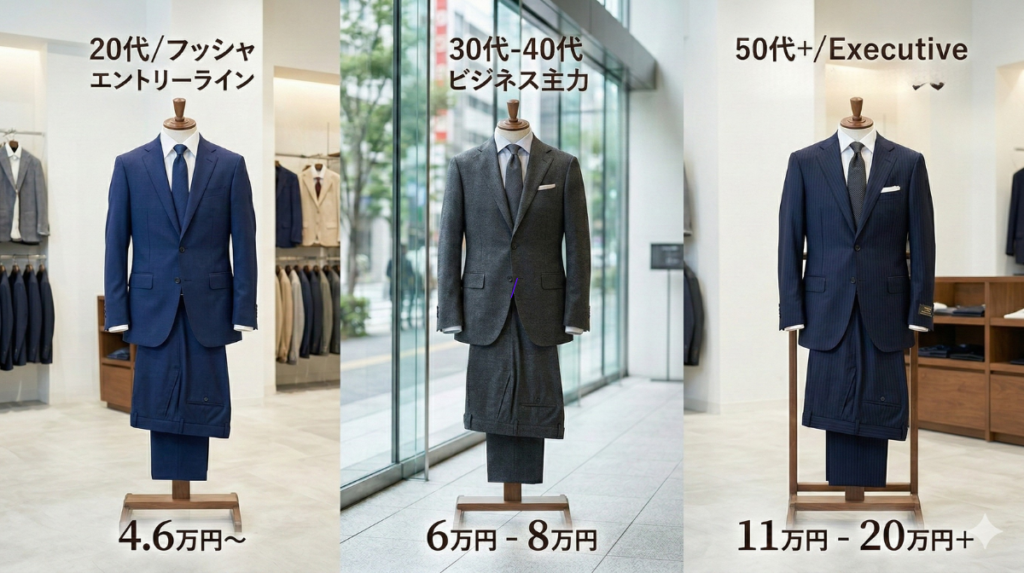 花菱（HANABISHI）で提供されるオーダースーツの価格帯のバリエーション。20代向けエントリー、30代・40代向けビジネス主力、50代以上向けエグゼクティブといった多様な選択肢を表現