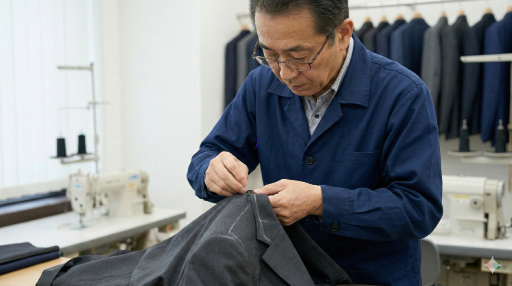 花菱（HANABISHI）の提携国内縫製工場で、日本人熟練職人がスーツの肩周りの体型補正を行う様子。ミリ単位の調整が抜群のフィット感を生み出す