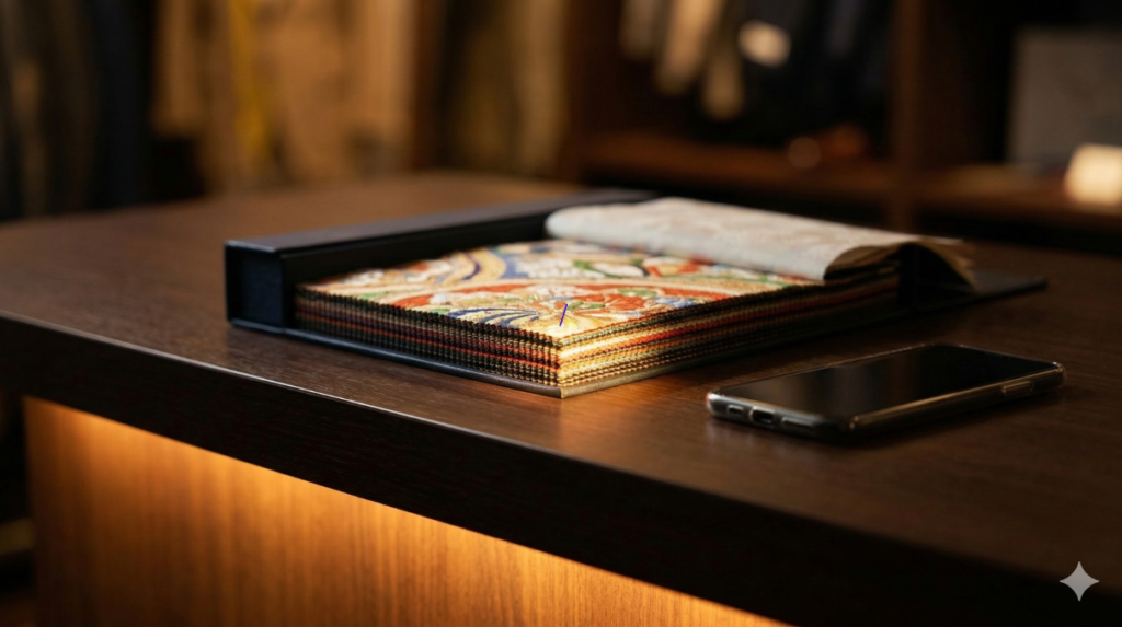 テーラーのカウンターに、上質な生地スウォッチブックが置かれ、神秘的な光が差し込んでいる様子