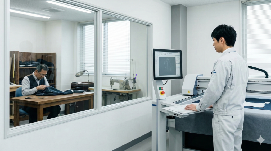 現代的な縫製工場で、アジア人従業員がデジタル裁断機を操作している様子