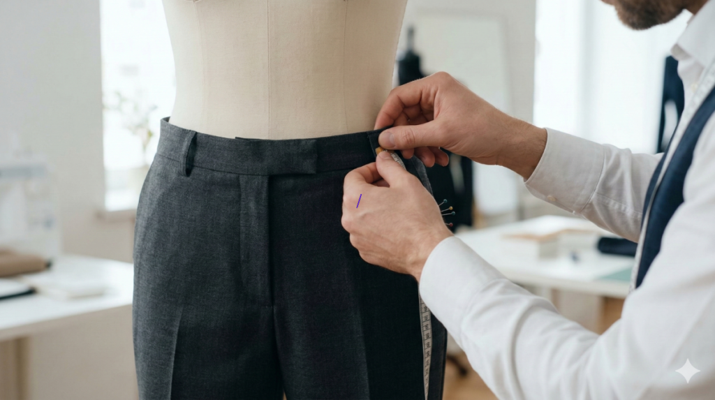 テーラーのワークルームで、テーラーの手がマネキンのスラックスのウエストを微調整している様子