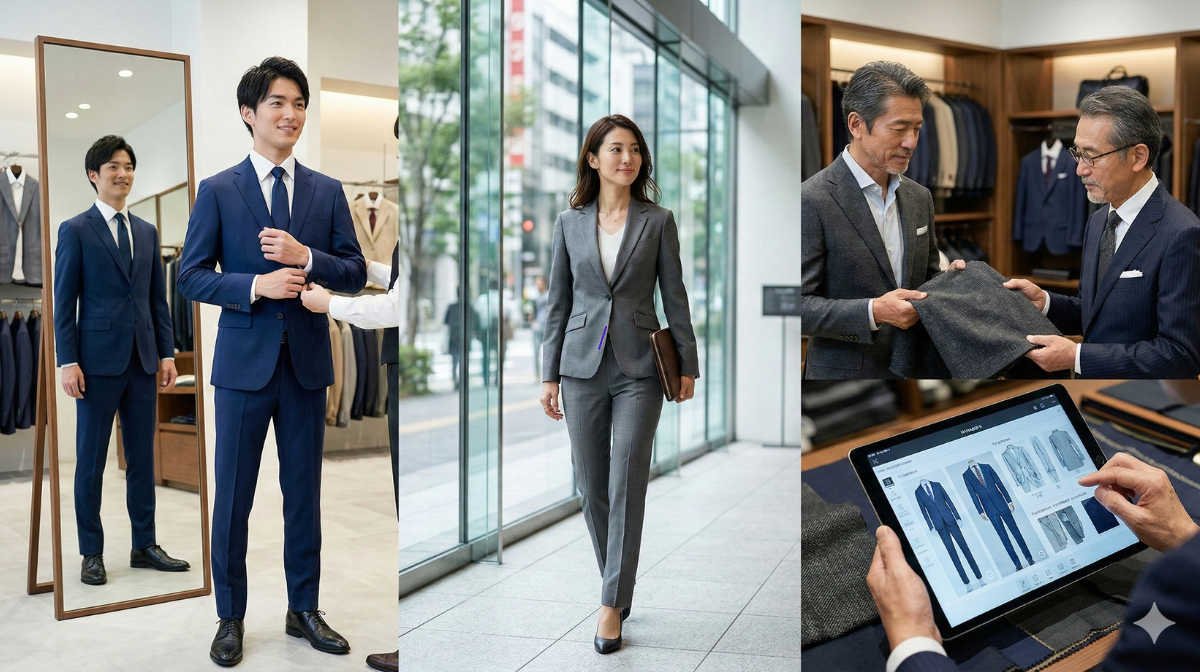 花菱（HANABISHI）でオーダースーツを作る様々な年齢層。20代の就活向け、30代女性のビジネス向け、50代男性のエグゼクティブ向けなど、多様なニーズに応えるブランドの魅力を表現